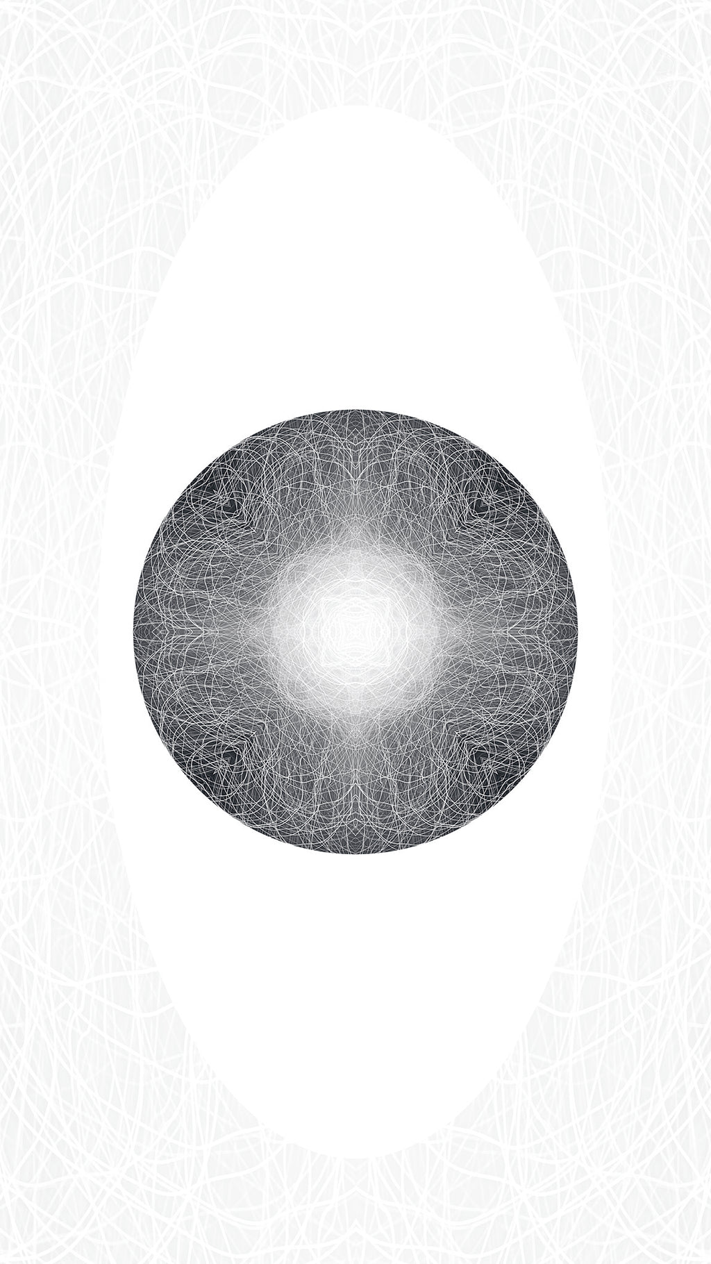 A circular black and white abstract pattern with a bright white center and fine radiating lines, set against a white background with a subtle textured border.