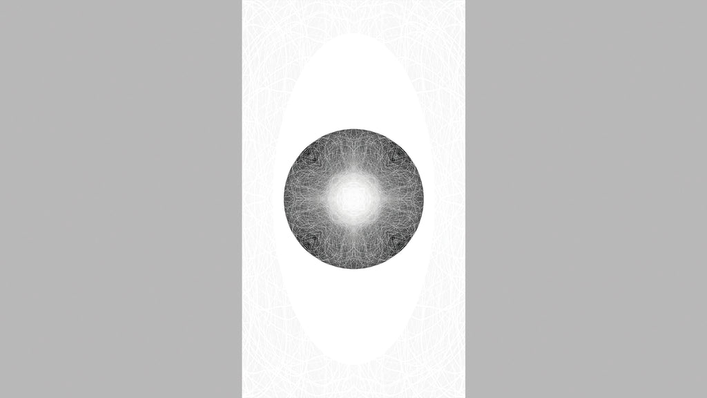 A minimalist graphic vertical rectangular artwork featuring a white oval with a  grey, black and white circular central pattern set against a light grey background permeated with fine white lines.