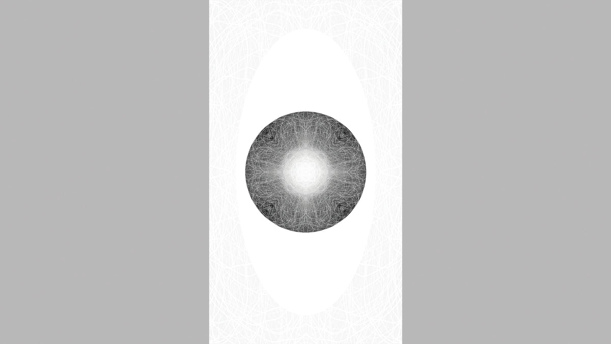 A minimalist graphic vertical rectangular artwork featuring a white oval with a  grey, black and white circular central pattern set against a light grey background permeated with fine white lines.