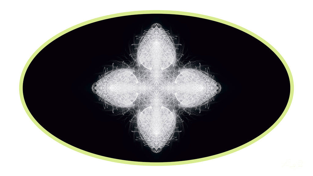 Artwork featuring a white abstract star-like pattern in a black oval with green border against a white background.