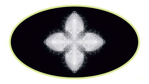 Artwork featuring a white abstract star-like pattern in a black oval with green border against a white background.