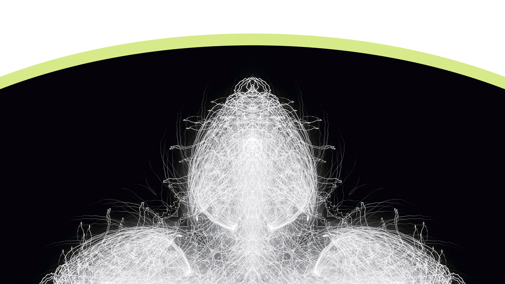 Detail of a design featuring an abstract pattern made of fine white lines centred within a curved black shape with a light green border against a white
background.