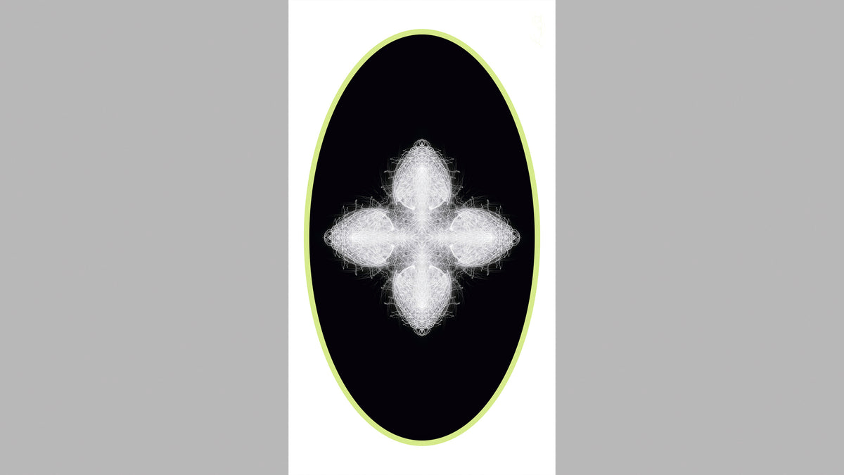 Vertical rectangular artwork featuring a white abstract star-like pattern in a black oval with light green border against a white background.