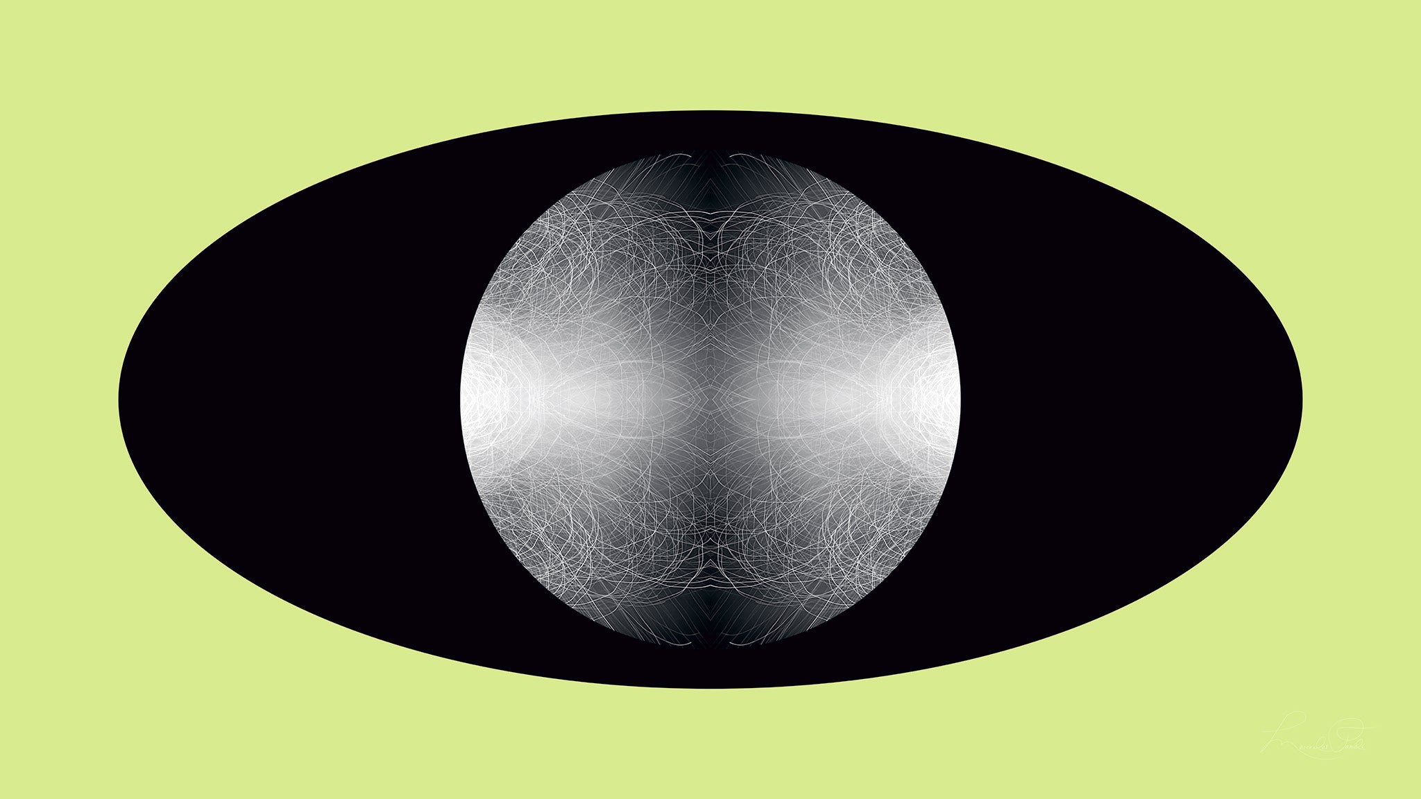 White, black and green artwork featuring a light sphere in a black oval against a green background.