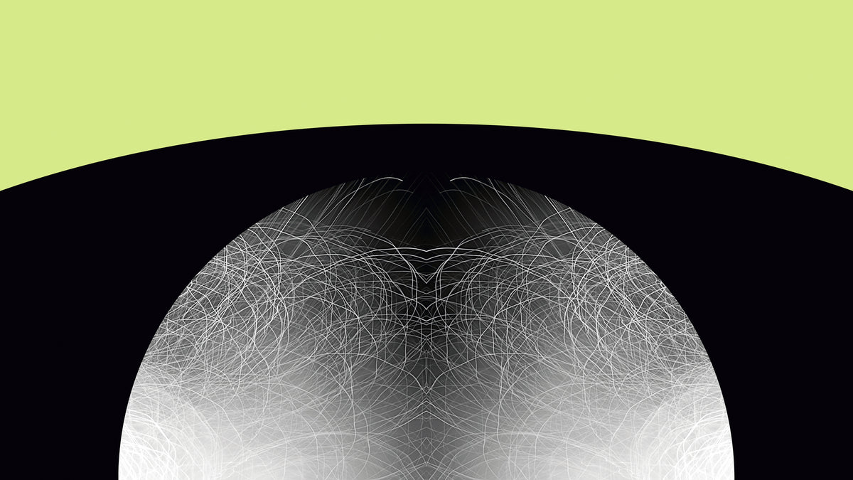 Detail of an abstract graphic design featuring a black curved shape with a symmetrical pattern of fine white lines set against a lime green background.