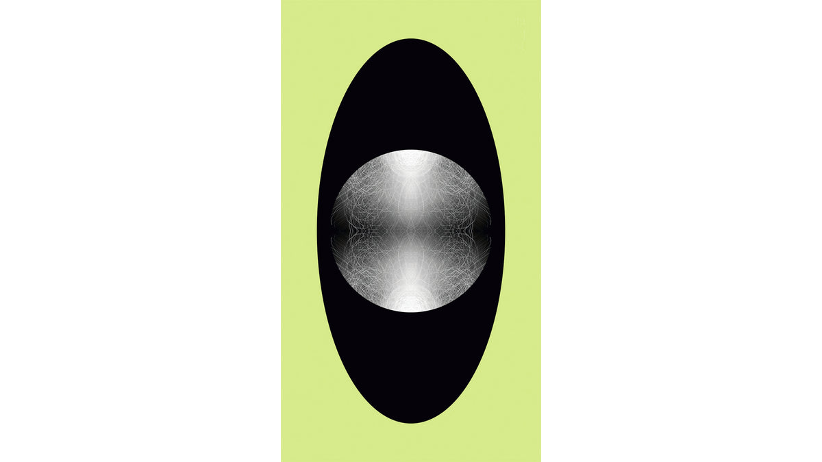 A minimalist graphic design featuring a vertical light green rectangle with a large black oval centered on it, containing a circle with a pattern of fine white lines.