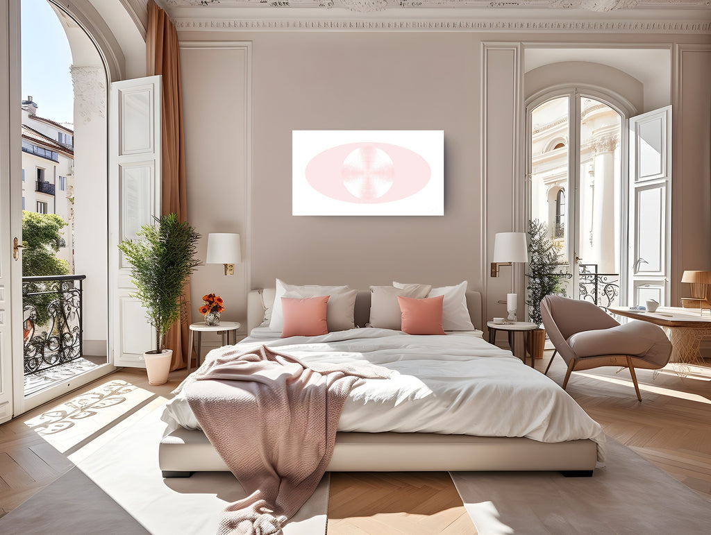 A modern bedroom interior with a low platform bed dressed in white bedding and blush pink pillows, set in a bright neutral room with large windows, a chair, plants, and an abstract pink-and-white wall art piece above the bed.