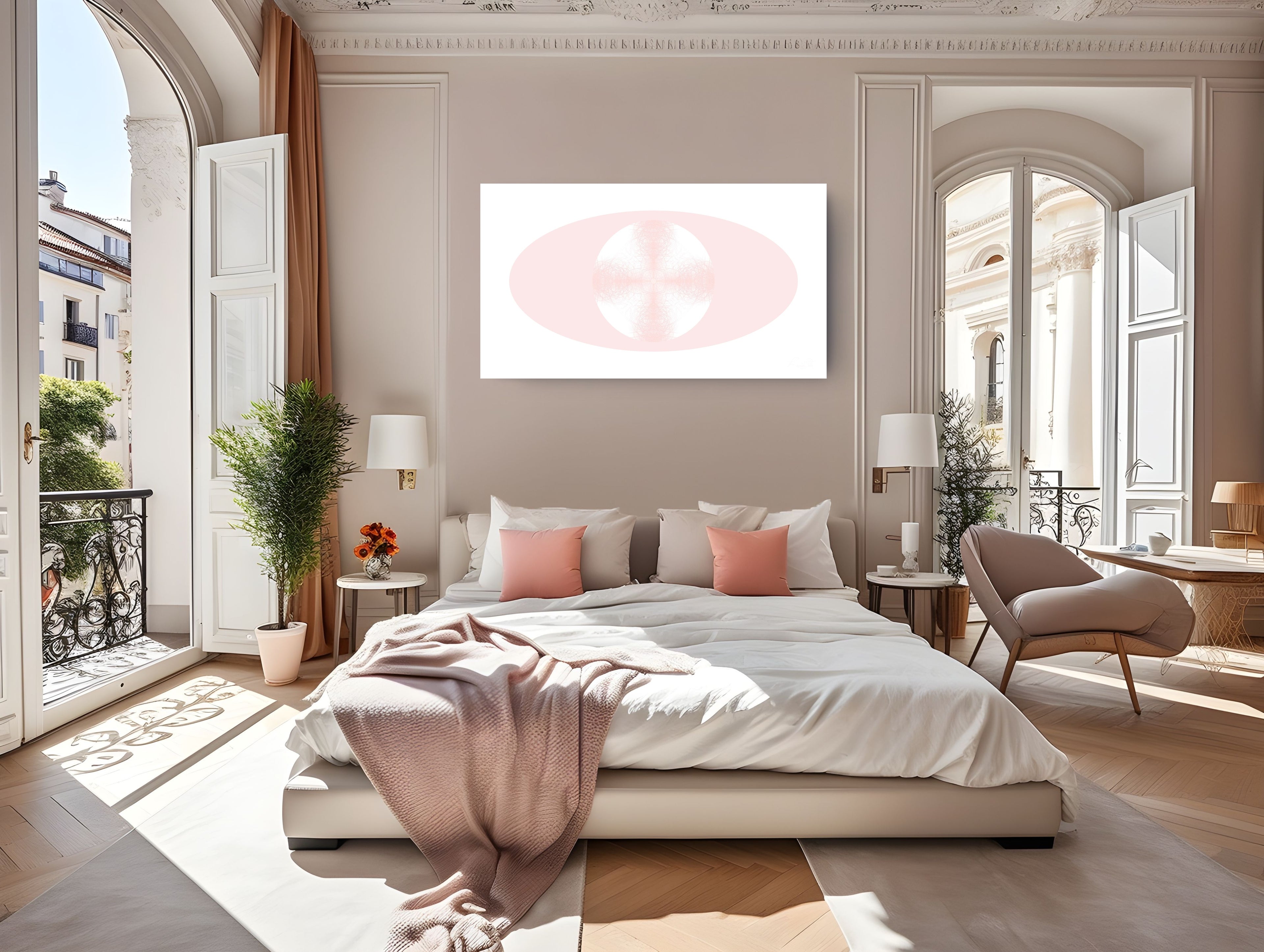 A modern bedroom interior with a low platform bed dressed in white bedding and blush pink pillows, set in a bright neutral room with large windows, a chair, plants, and an abstract pink-and-white wall art piece above the bed.