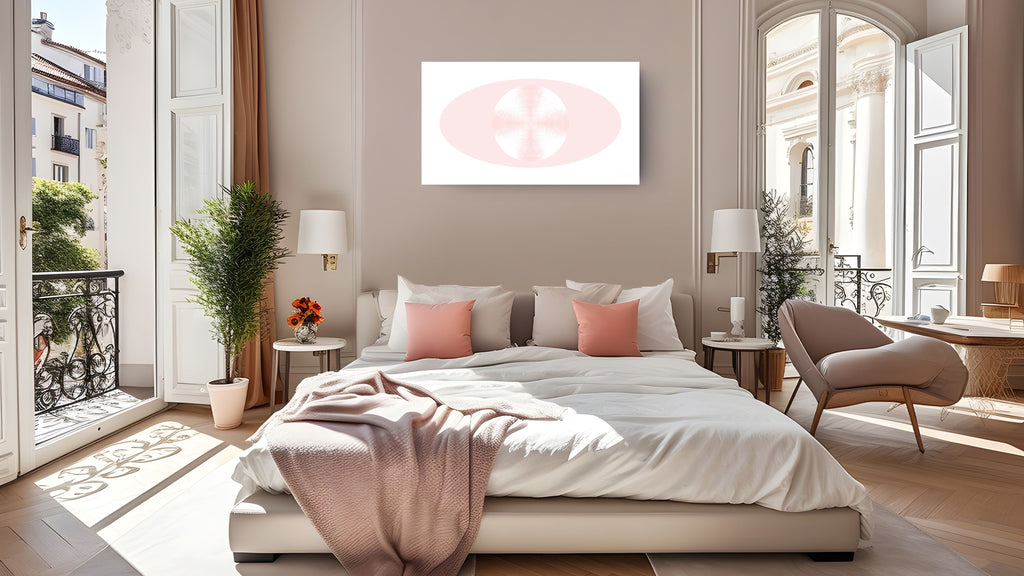 A modern bedroom interior with a bed dressed in white bedding and blush pink pillows, nightstands, lamps, and a chair. Large windows and doors open to a sunlit balcony, and an abstract pink-and-white artwork hangs above the bed.