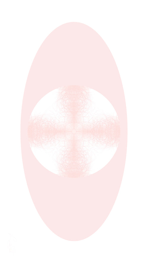 Artwork featuring a pink pattern in a white circle against pink and white backgrounds. 