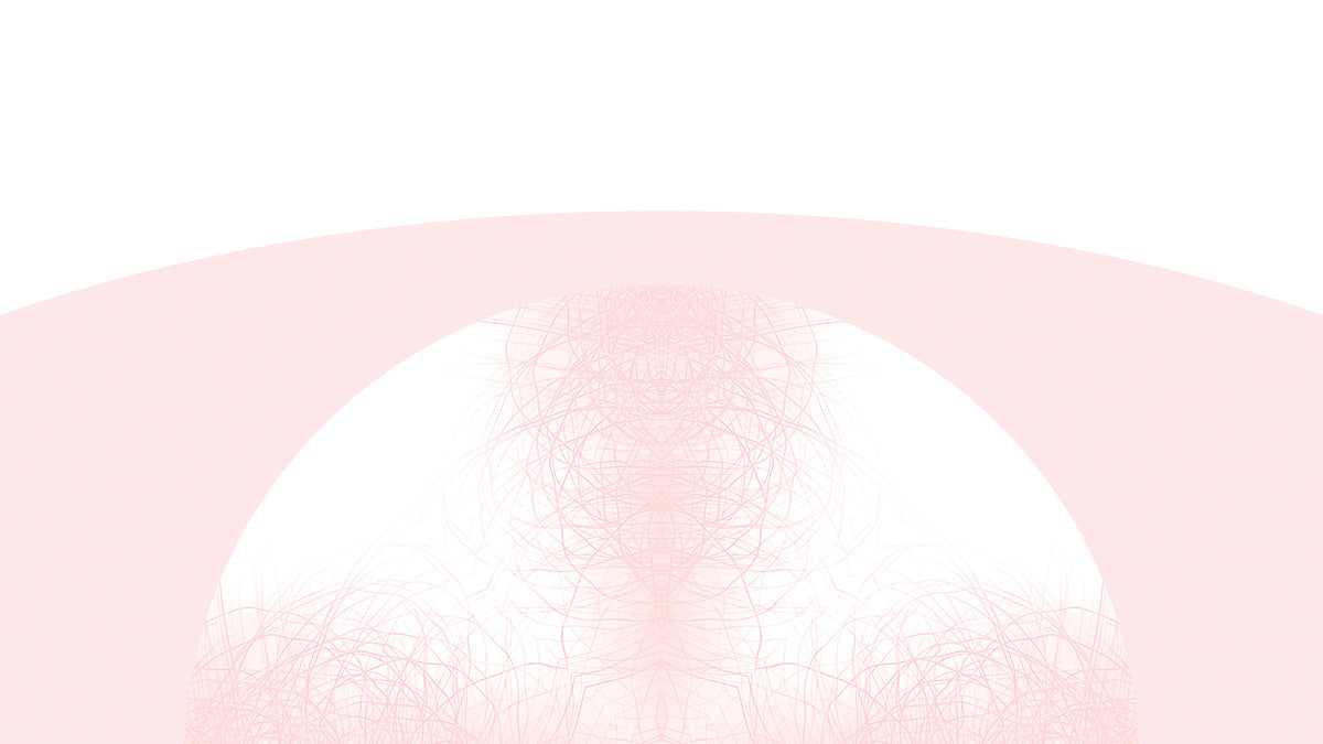 Detail of a minimalist graphic design showing a large white semi-circle centered on a light pink background, with fine geometric line patterns radiating from the bottom edge.