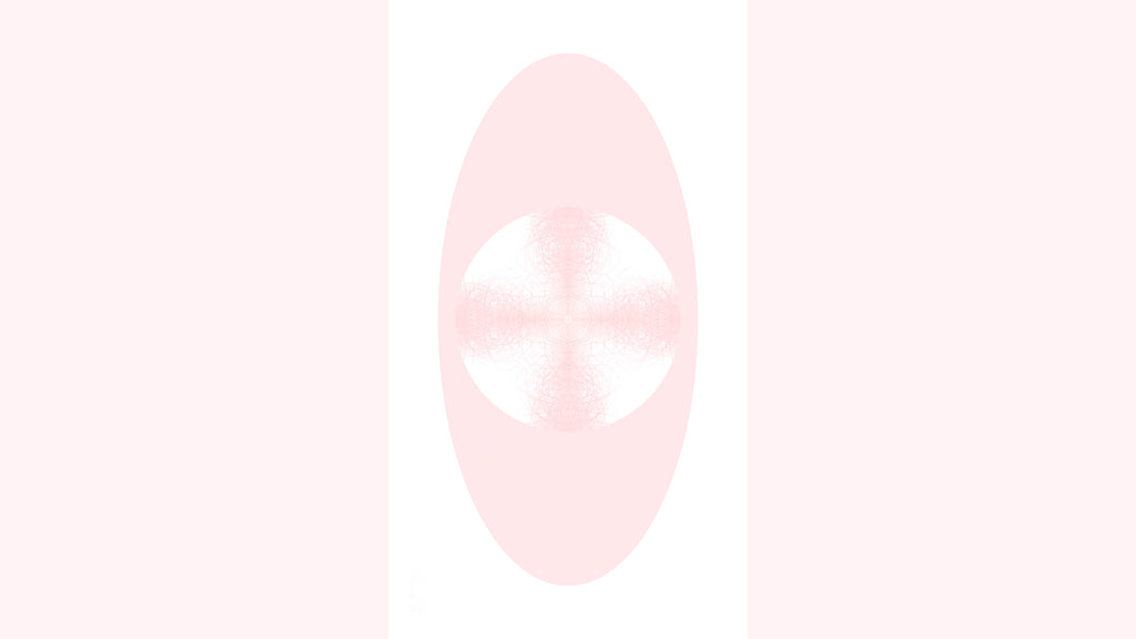 A vertical rectangular artwork featuring a white circle containing a soft pink symmetrical pattern within a pink oval against.a white background.