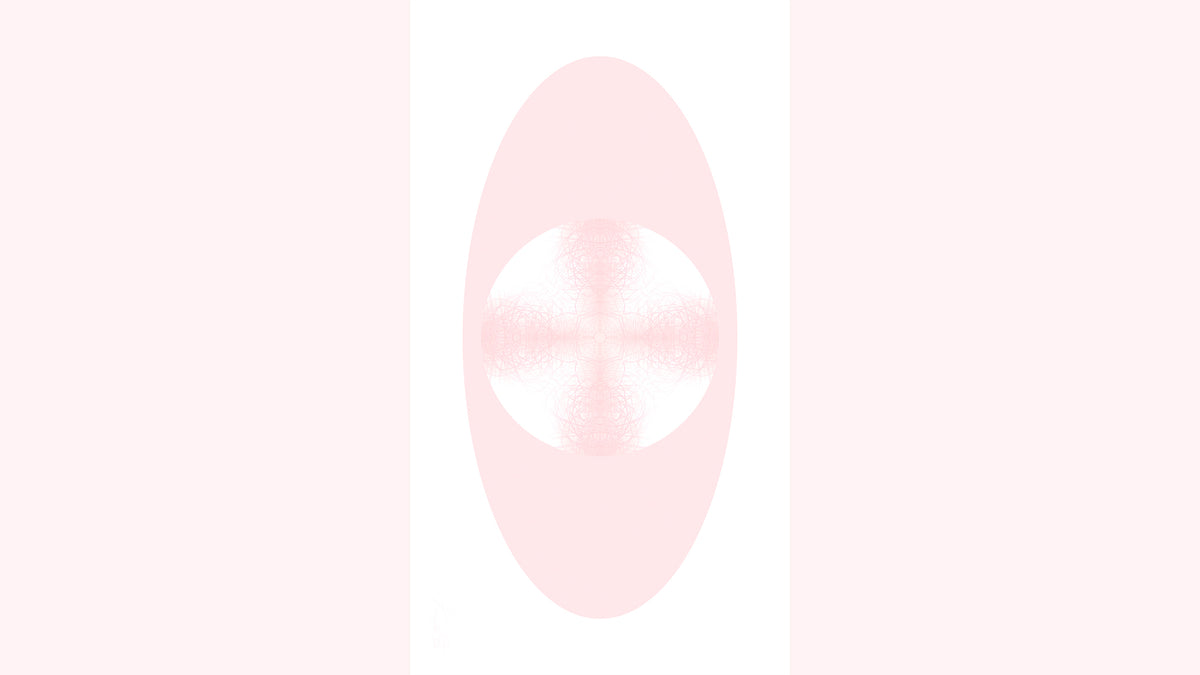 A vertical rectangular artwork featuring a white circle containing a soft pink symmetrical pattern within a pink oval against.a white background.