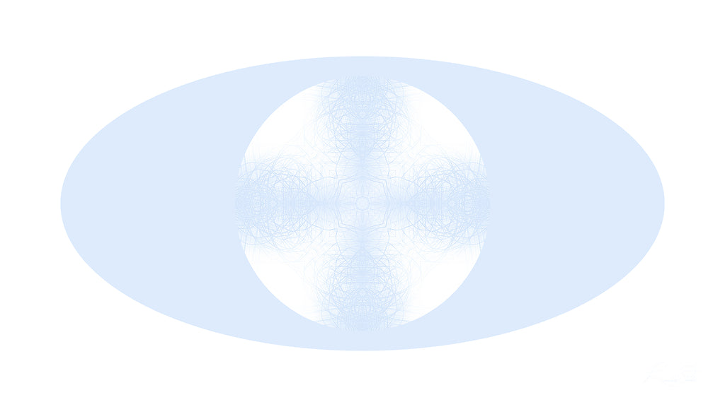 Artwork featuring a blue pattern in a white circle against blue and white backgrounds. 