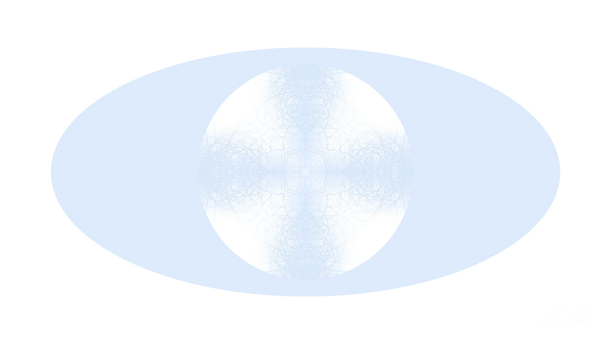 Artwork featuring a blue pattern in a white circle against blue and white backgrounds. 