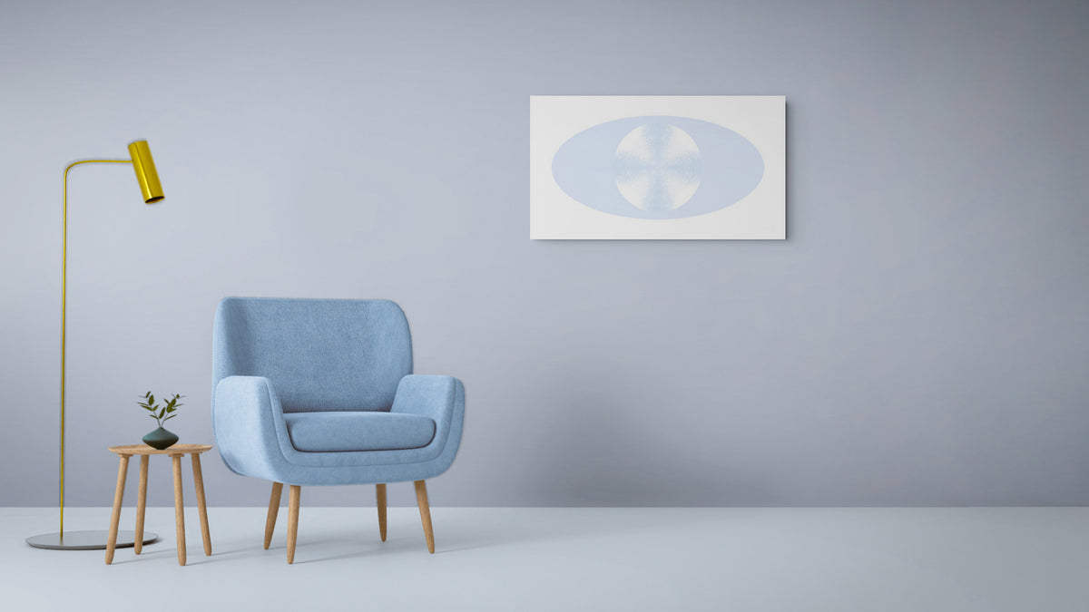 A minimalist interior scene with a light blue upholstered armchair, a small wooden side table with a plant, a gold floor lamp, and an abstract artwork on a pale grey wall.