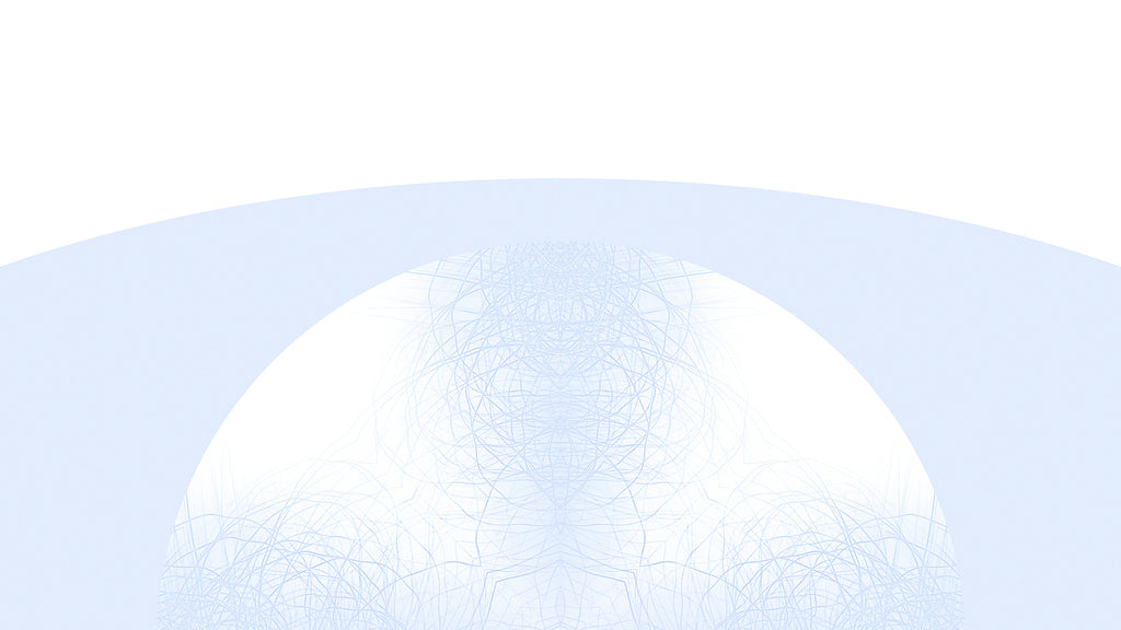 Detail of a minimalist graphic design showing a large white semi-circle centered on a light blue background, with fine geometric line patterns radiating from the bottom edge.