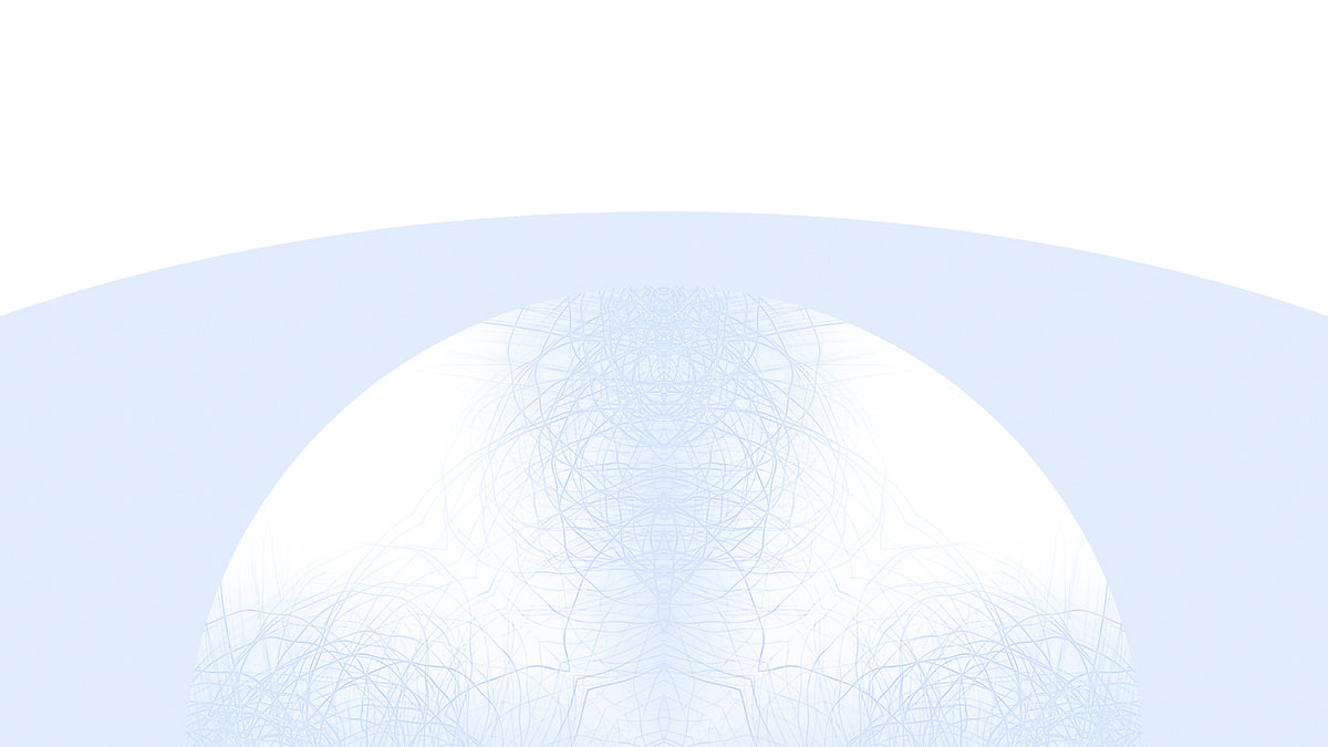 Detail of a minimalist graphic design showing a large white semi-circle centered on a light blue background, with fine geometric line patterns radiating from the bottom edge.