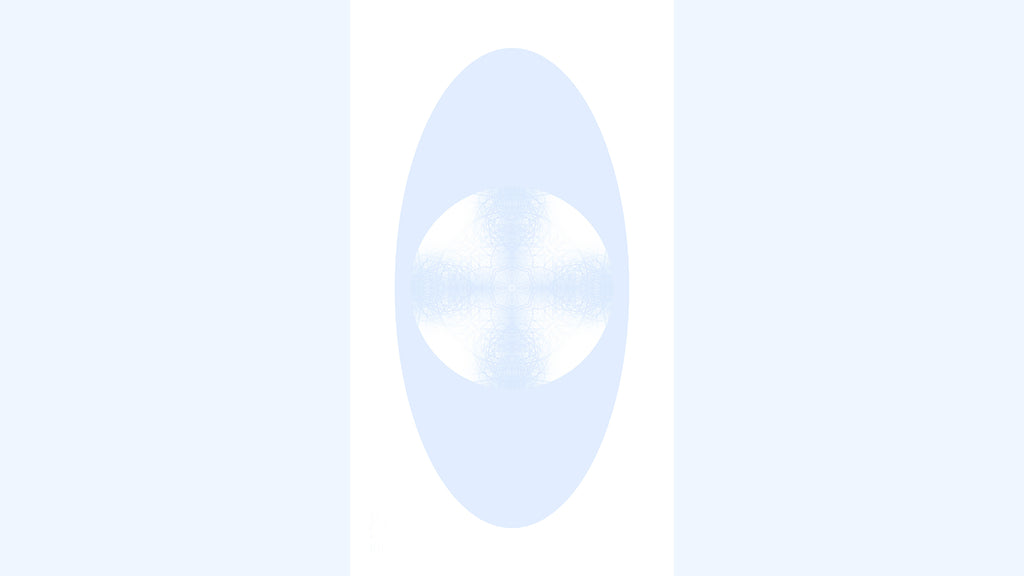 A vertical rectangular artwork featuring a white circle containing a soft blue symmetrical pattern within a blue oval against.a white background.