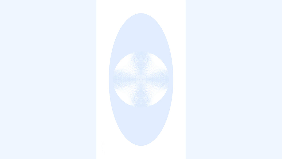 A vertical rectangular artwork featuring a white circle containing a soft blue symmetrical pattern within a blue oval against.a white background.
