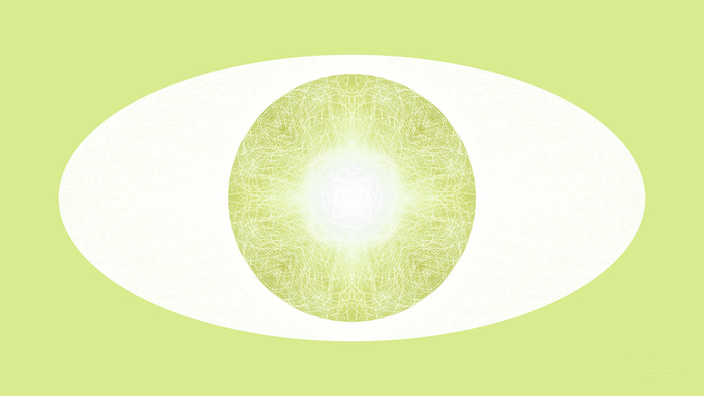 Green and white artwork featuring a light sphere in a white oval against a green background.