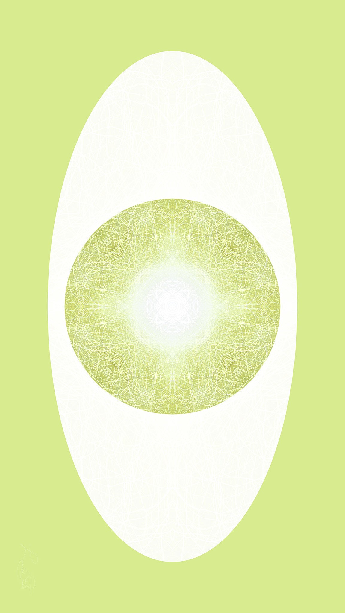 Green and white artwork featuring a light sphere in a white oval against a green background.