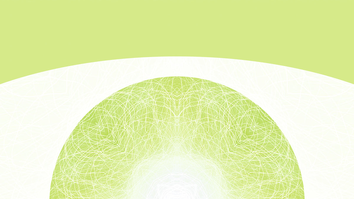 Detail of an abstract graphic design featuring a light green and white curved layout with a circular pattern of fine white lines.