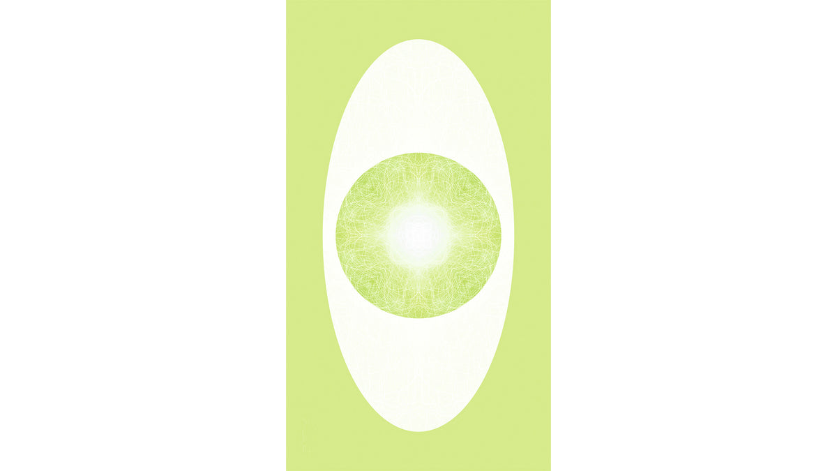 A minimalist graphic artwork featuring a light green oval with a textured green-and-white center, set against a vertical light green rectangle.