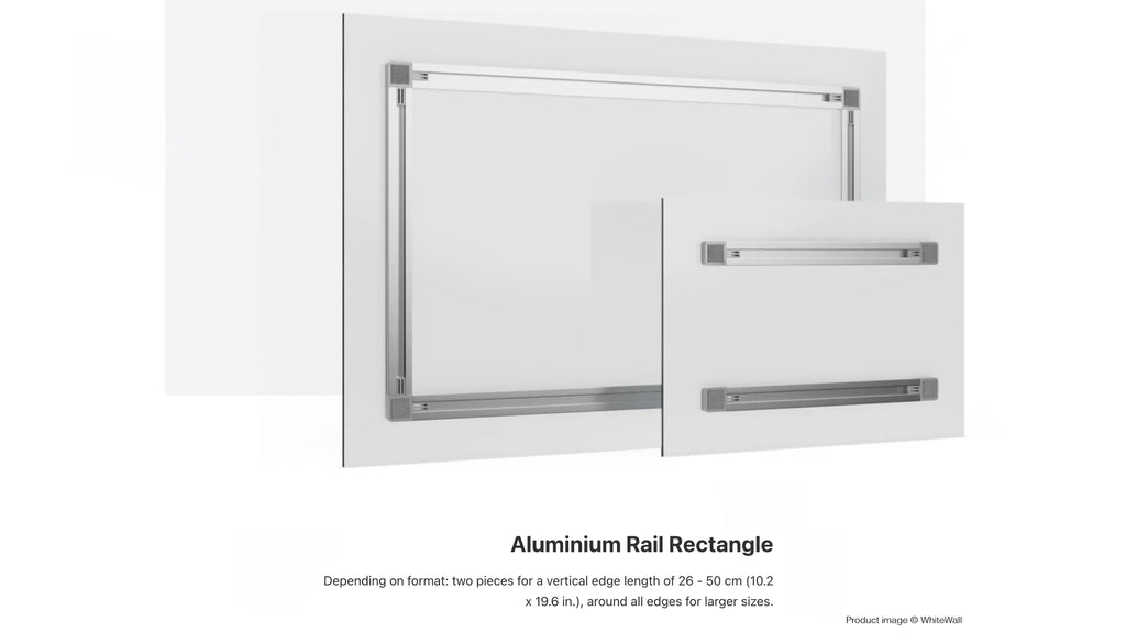 Aluminium rail rectangular artwork hanging system on a white background.
