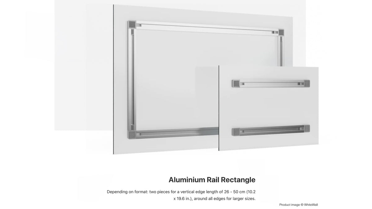 Aluminium rail rectangular artwork hanging system on a white background.