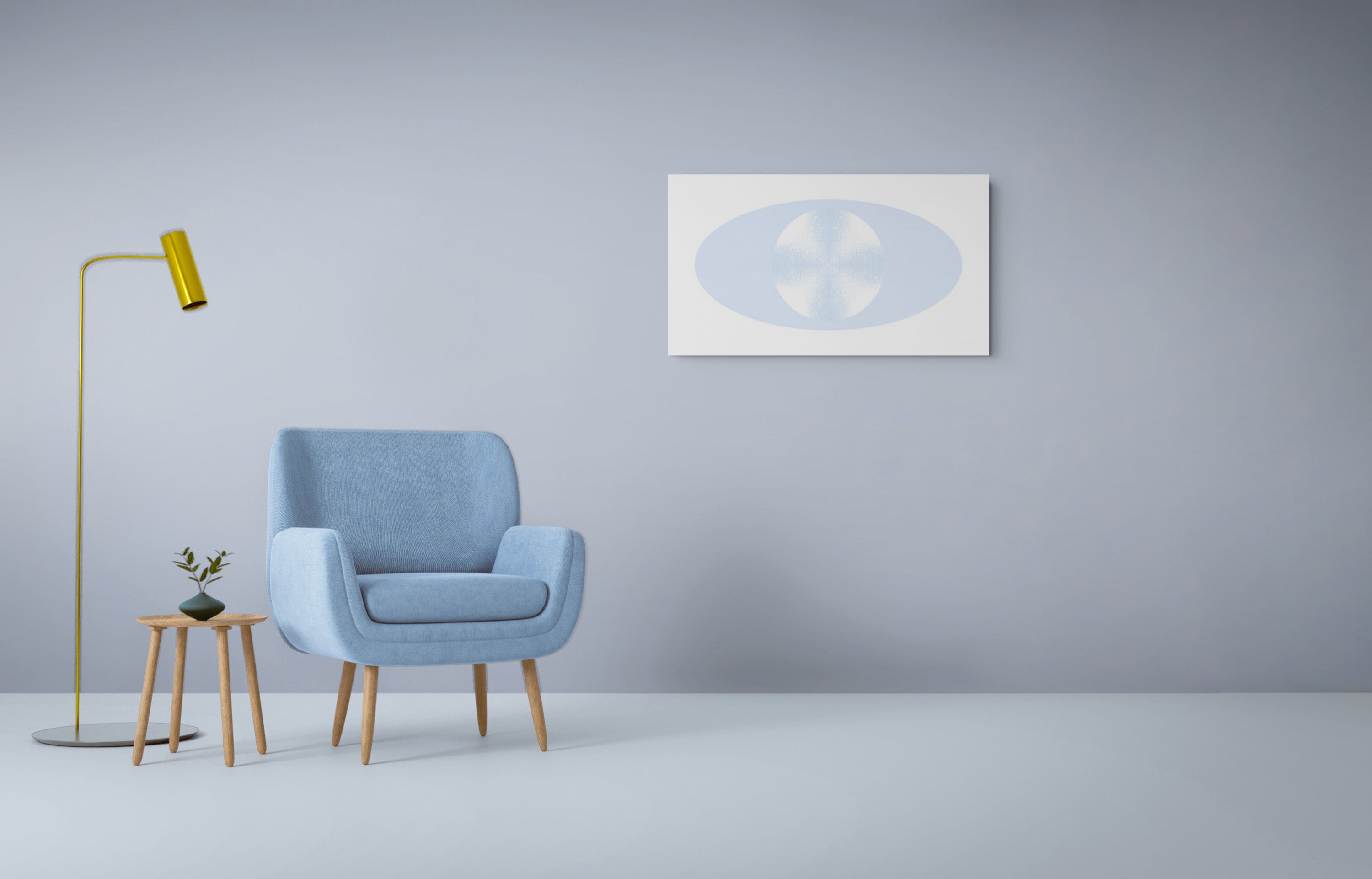 Modern interior with a blue armchair, yellow floor lamp and abstract blue and white artwork on a light blue wall.