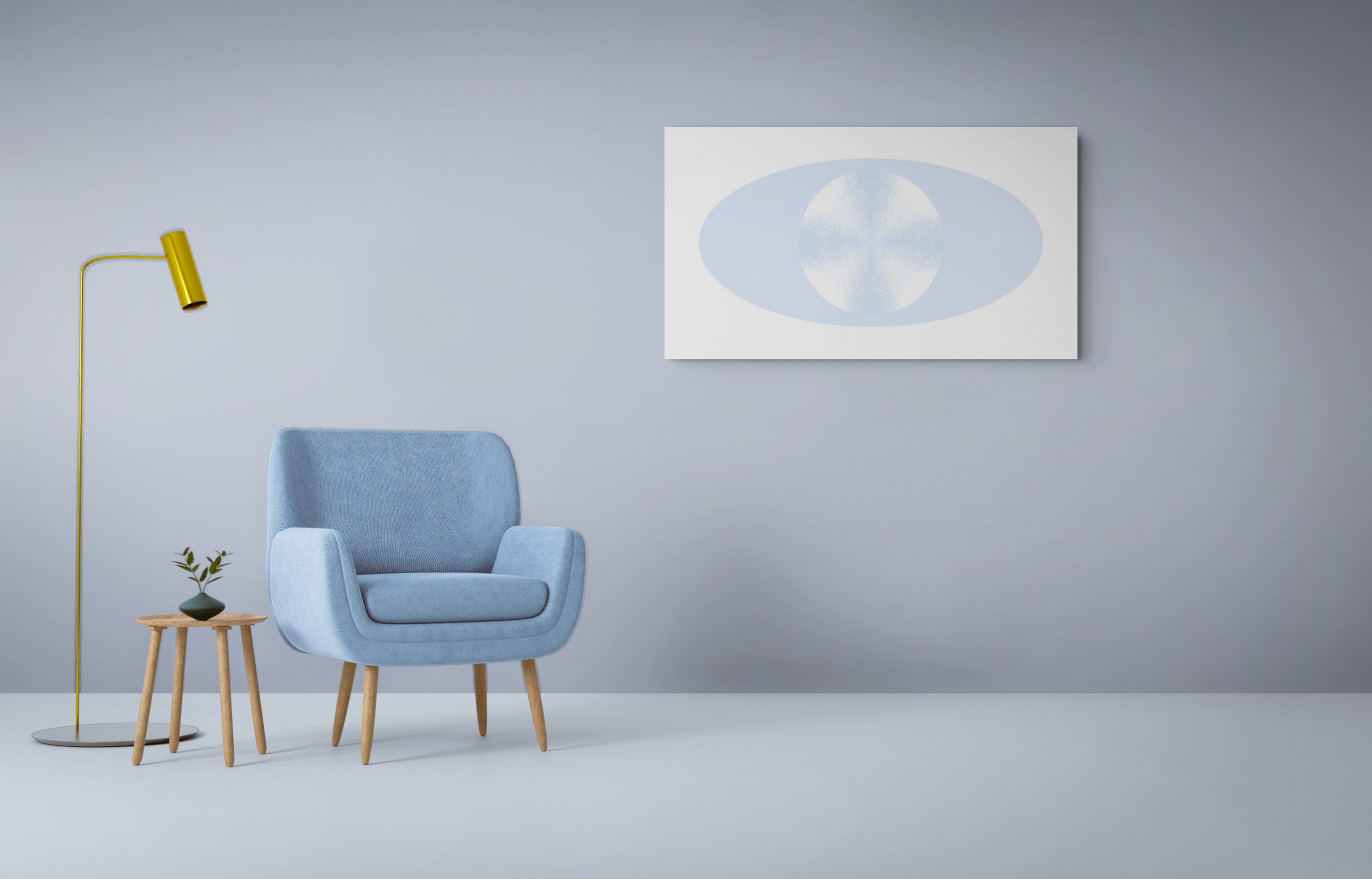 Modern interior with a blue armchair, yellow floor lamp:and abstract blue and white artwork on a light blue wall.